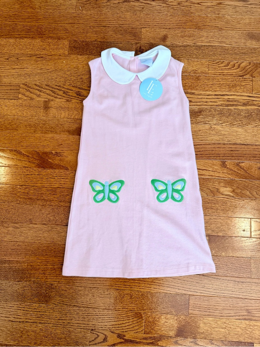 Little English Pink Dress with White Collar and Green Butterfly Appliqués